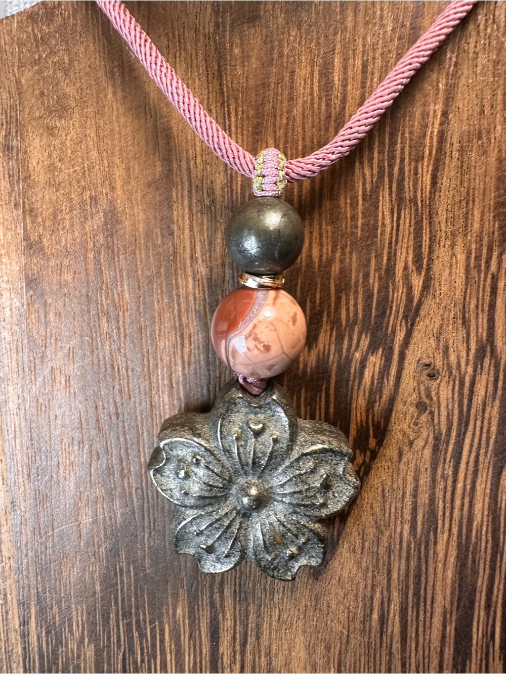 Pyrite Daisy Flower Pendant Necklace on Pink Adjustable Rope - Picture 9 of 15